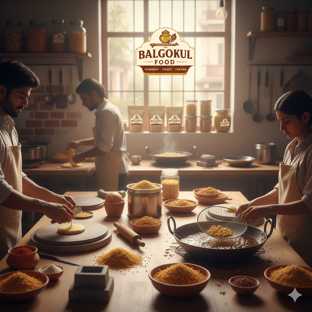 Traditional Indian snack preparation at BalGokul Foods