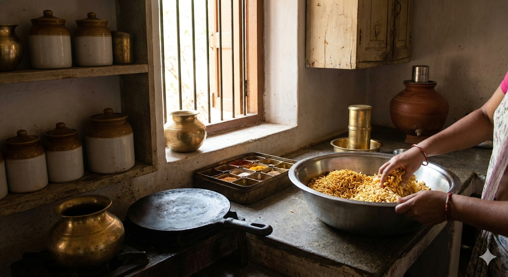 7 Reasons Why Masala Sev Murmura Is a Perfect Match in Indian Snacking Culture 2 traditional masala sev murmura preparation